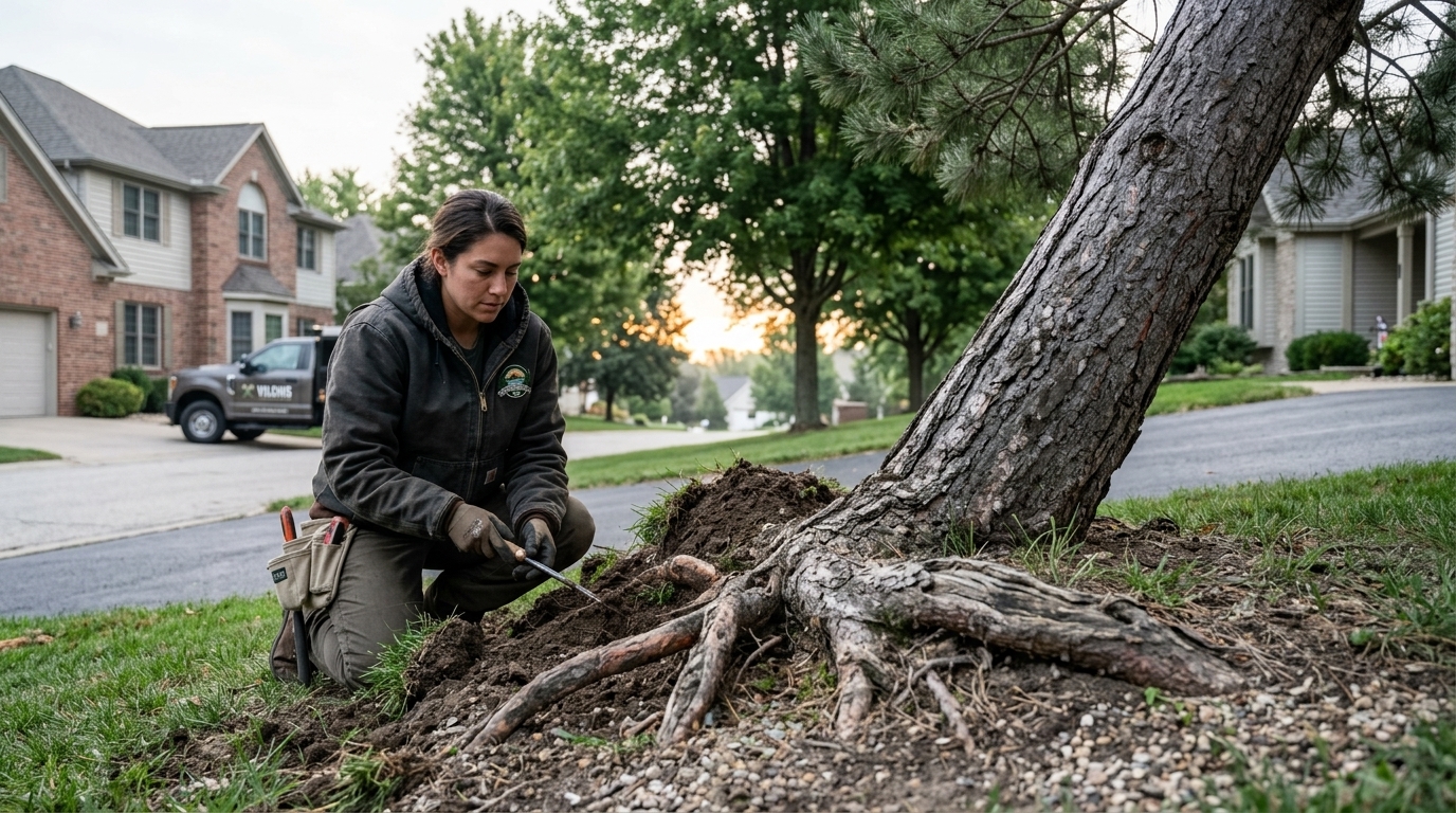 Arborist examining leaning tree … Arborist examining leaning tree …