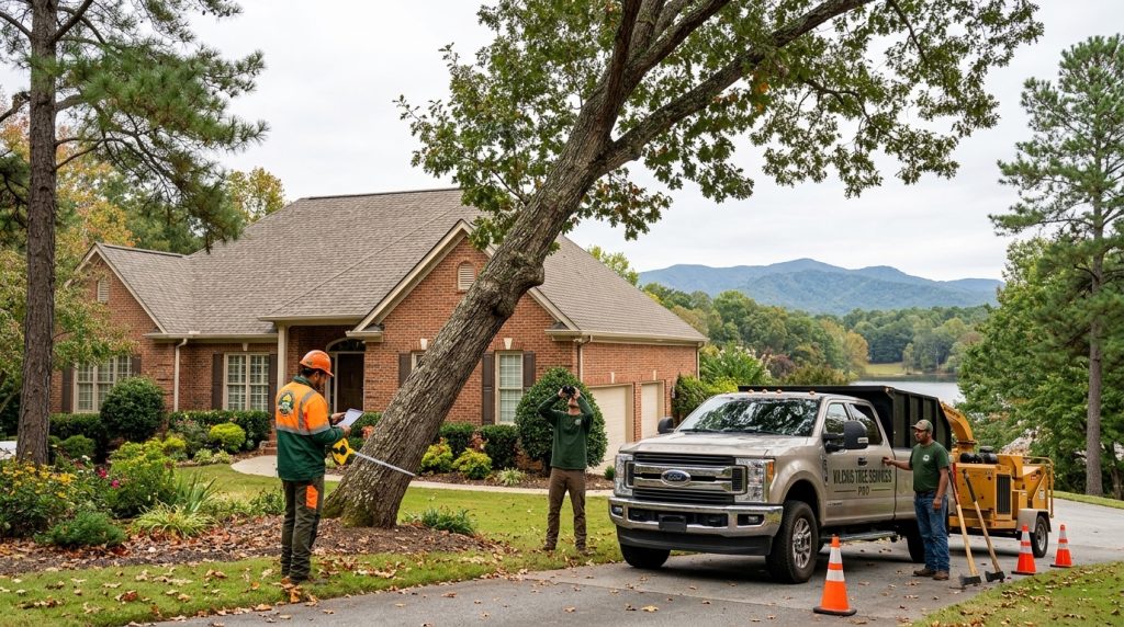 Tree crew assessing leaning oak